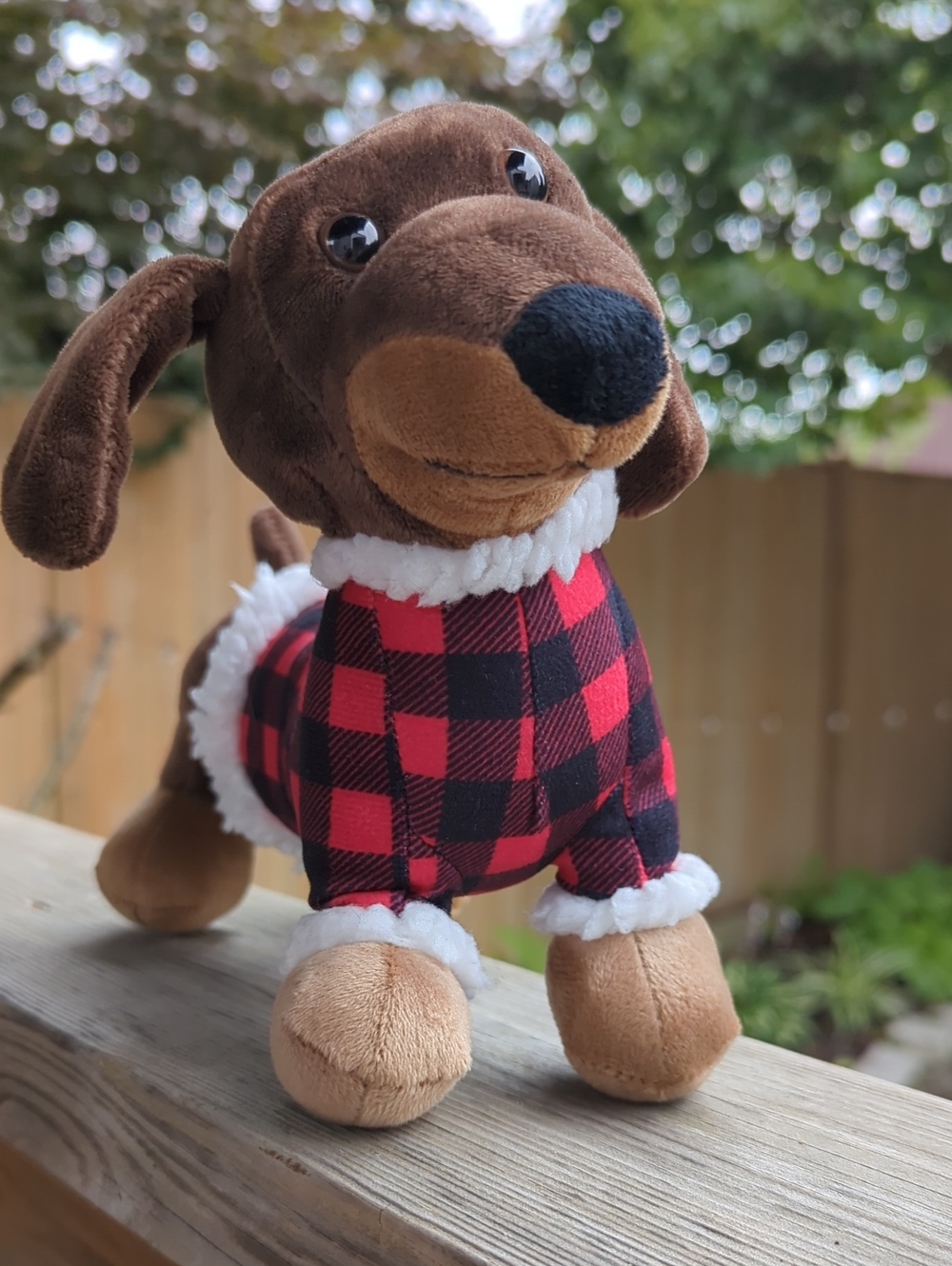 Plush Brown Dachshund Dog Toy with Red Buffalo Plaid Sweater